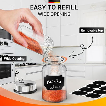Segarty 5oz Glass Spice Jar with Shaker Lids Scale Lines, 1pc Clear Empty Seasoning Bottle for Condiments, 150ml Large Spice Container with 8 Blank Labels, 1 Chalk Pen for Herbs Organization Cabinet