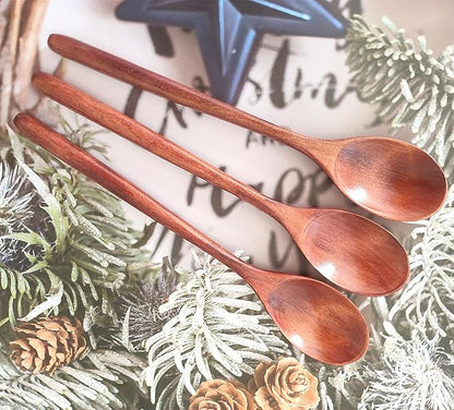 Long Handle Wooden Spoons for Eating, 9.2 Inch Wood Soup Spoons for Mixing Stirring, Handmade Retro Honey Jar Table Spoons Teaspoon Tea Coffee Spoon (3 Pack)