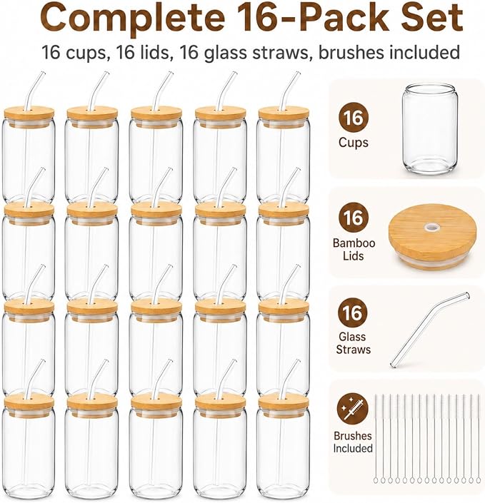 Glass Cups with Lids and Straws Set of 16, 16 oz Can Glasses with Bamboo Lids and Glass Straws, Iced Coffee Cups for Beer, Tea, Soda, Summer Hosting, Parties, Family Gatherings and Coffee Bar