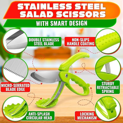 Salad Scissors for Chopped Salad – Multiblade Cooking Scissors for Kitchen With Spring-loaded System & Anti-slash Head for Fast Double Cutting – 8.9" Handy Size Lettuce Chopper, Stainless Steel Blades