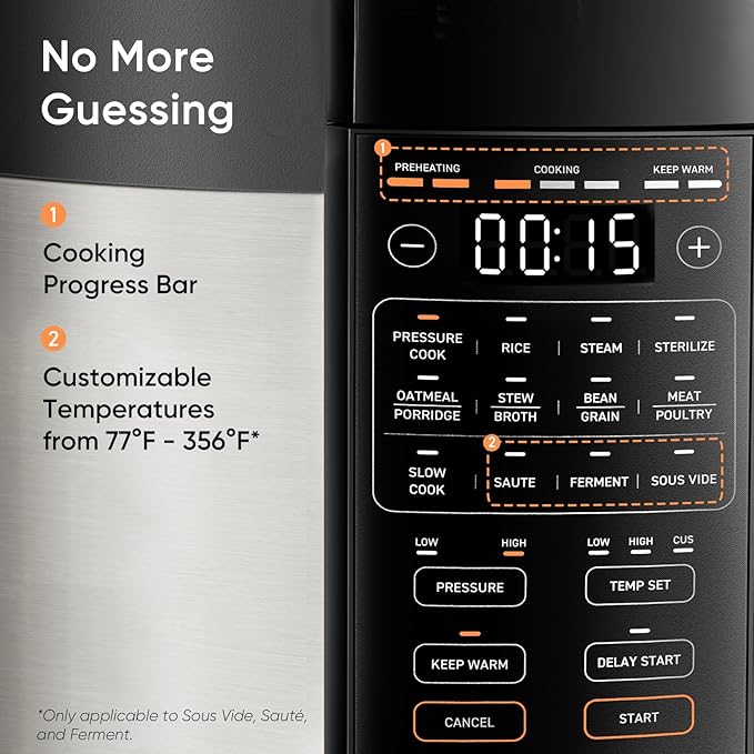 Cosori Pressure Cooker 6QT, Stainless Steel, 9-in-1 Multi Cooker, 12 Safety Features, Ceramic Inner Pot, Rice, Slow Cook, Sous Vide, Saute, 1100W