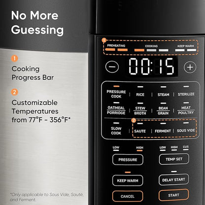 Cosori Pressure Cooker 6QT, Stainless Steel, 9-in-1 Multi Cooker, 12 Safety Features, Ceramic Inner Pot, Rice, Slow Cook, Sous Vide, Saute, 1100W
