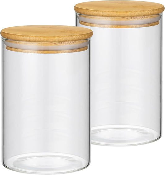 2PCS Glass Storage Jars with Airtight Lids,32 fl oz (950ml) Cute Clear Storage container with bamboo Lid,Glass Pantry Canister for Beans, Rice,Sugar,Cookie Coffee (N-Clear-2PCS-32FL OZ/950ML)