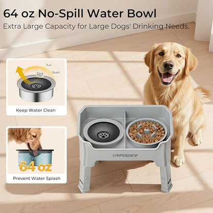 URPOWER Mess Proof Elevated Dog Bowls 4 Height Adjustable Raised Stand with No Spill Water Bowl and Slow Feeder Dog Bowls Non-Slip Food and Water Bowl Set for Small, Medium & Large Dogs