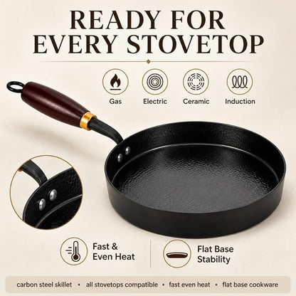 Calmabode 9.5” Hand-Hammered Carbon Steel Pan with Wooden Lid | Nitrided carbon steel, flat bottom, detachable wood handle, ideal for eggs, steak, searing, sautéing and daily cooking