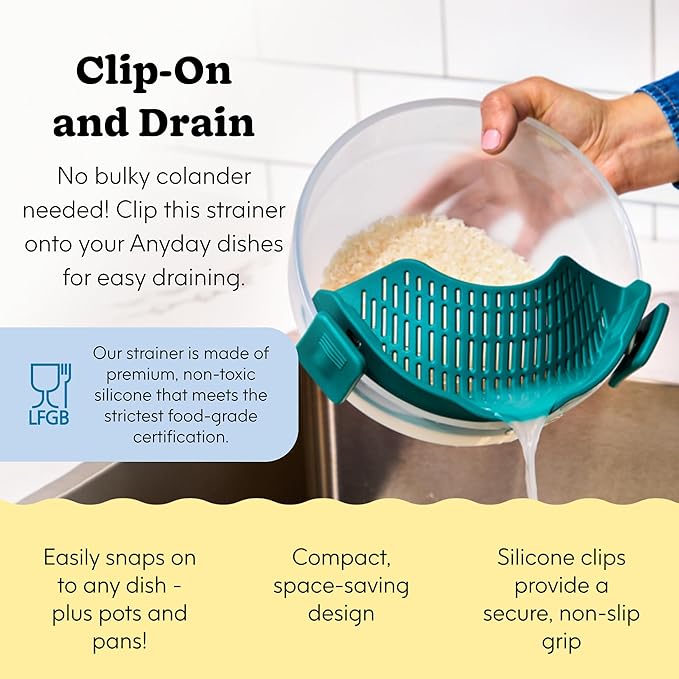 Anyday Silicone Clip On Strainer for Pots and Pans & Glass Dishes | Pot Strainer Silicone, Universal Clip On Pasta Strainer for Meat, Rice, & Vegetables (Blueberry)