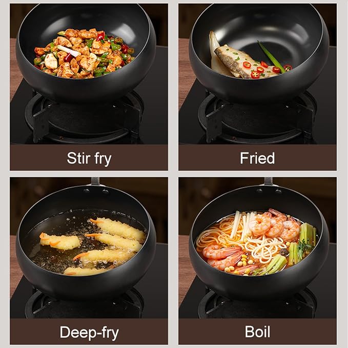 Carbon Steel Wok Pan, 8.7 INCH Nonstick Pre-Seasoned Woks & Stir-Fry Pans with Lid, No Chemical Coating Wok Flat Bottom Small Handmade Chinese Wok for Induction, Gas, Electric & All Stoves