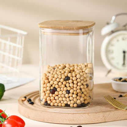 3-Pack Square Glass Containers with Bamboo Lids, 32 fl oz/720ml Airtight Canister Set, Clean Elegant Storage Jars for Candy, Coffee, Tea, Sugar, Flour, Cookies, Spices
