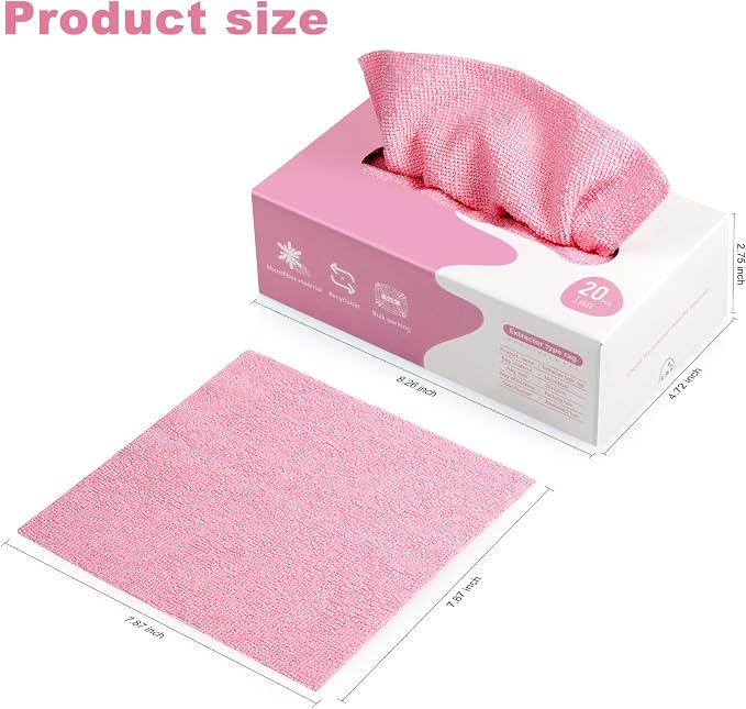 Luiruey Microfiber Cleaning Cloth Rags in A Box (20 Count) -7.9" x 7.9" Reusable Microfiber Towels for Cars - Edgeless Terry Towels,Small Microfiber Towel for Home, Kitchen (Pink)