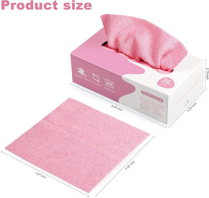 Luiruey Microfiber Cleaning Cloth Rags in A Box (20 Count) -7.9" x 7.9" Reusable Microfiber Towels for Cars - Edgeless Terry Towels,Small Microfiber Towel for Home, Kitchen (Pink)