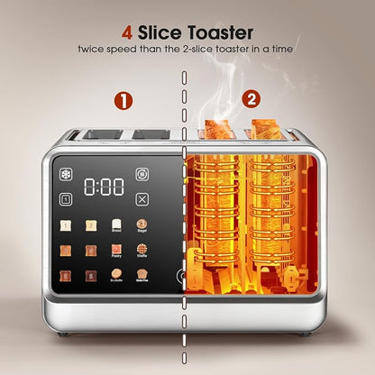 4-Slice Smart Toaster, 1800W Digital Touchscreen with Dual-Zone Control, 1.5" Extra-Wide Slots for Bagels & Thick Bread, 6 Browning Levels & 6 Presets, Single-Slot Energy Saving, Defrost/Reheat