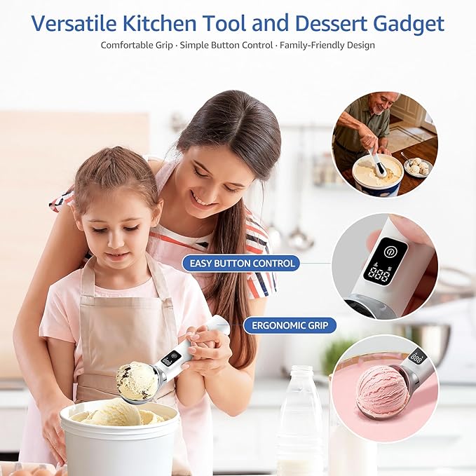 Electric Heated Ice Cream Scoop, Kitchen Gadget with Digital LED Temperature Display for Easy Scooping Rechargeable Scooper Dessert Server 5000mAh USB Powered IP67 Waterproof Kitchen Tool 2 Oz Max158℉