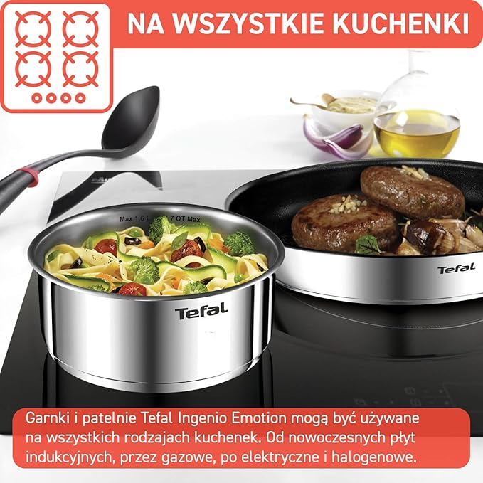 Tefal Ingenio L897SK04 20-Piece Cookware Set, Frying Pans with 2 Removable Handles, Induction, Non-Stick Coating, Stackable, Dishwasher Safe, Emotion L897SK04, Silver