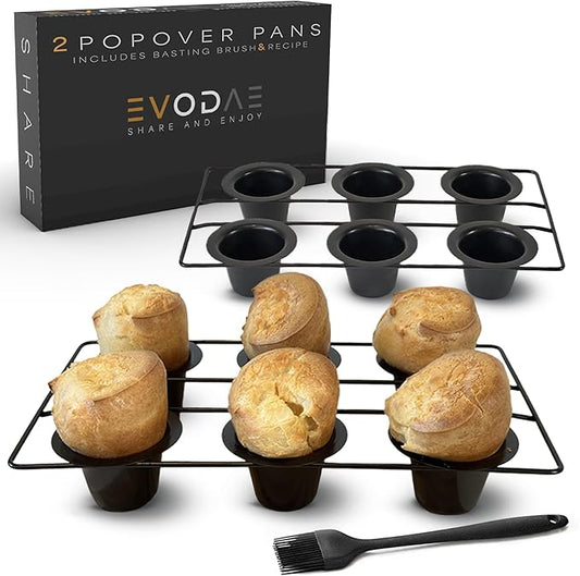 Popover Pans Set of 2 – 12 Cup (2x6) Pro-Grade Carbon Steel, Strong & Durable Build – Nonstick, PFOA & PTFE Free – Popover & Yorkshire Pudding Pan – Carefully Packaged in a Clean Black Box