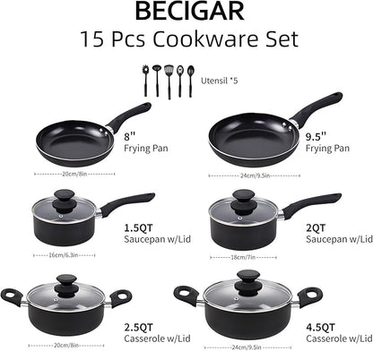BECIGAR Black Ceramic Pots and Pans Set, 15PCS Nonstick Set Ceramic Cookware Set, Nonstick Pan Pots and Pans Set Non Stick Cookware set