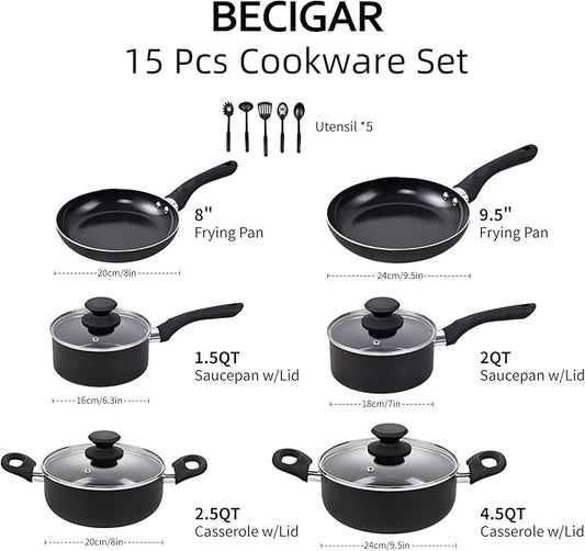 BECIGAR Black Ceramic Pots and Pans Set, 15PCS Nonstick Set Ceramic Cookware Set, Nonstick Pan Pots and Pans Set Non Stick Cookware set