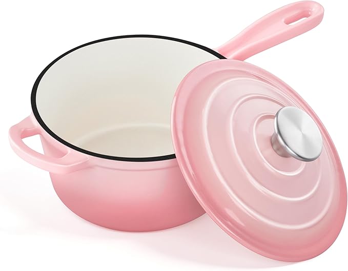 2 Quart Sauce Pan with Lid, Leonyo Small Cooking Pots, Enameled Cast Iron Cookware Set Simmer Pots for Kitchen Induction Boiling Soup, Bread, Ramen - Up to 500°F & Oven Safe, Pink