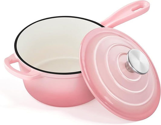 2 Quart Sauce Pan with Lid, Leonyo Small Cooking Pots, Enameled Cast Iron Cookware Set Simmer Pots for Kitchen Induction Boiling Soup, Bread, Ramen - Up to 500°F & Oven Safe, Pink
