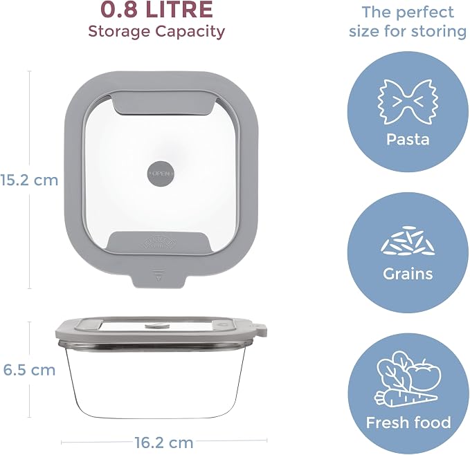 Kilner Fresh Storage 0.8 Litre Airtight Glass Container Durable Leakproof Lid with Vacuum Seal for Food Storage Leftovers Snacks Meal Prep Batch Cooking