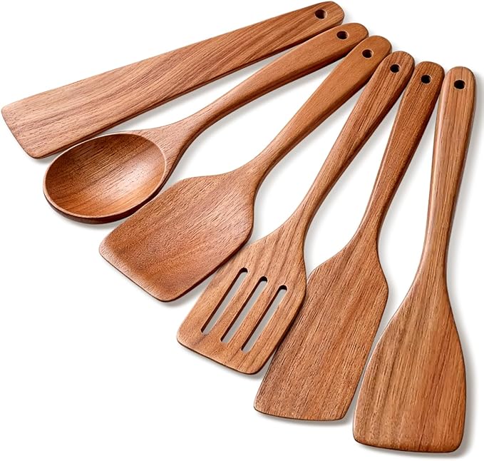 6 Pack Teak Wooden Spoons for Cooking Utensil Set Best Wood Non Toxic Spatula Slotted Turner Nonstick Bamboo Kitchen Utensils Serving Scraper Spurtle Stirrer Cooking Spoon Flat Egg Flipper Spatulas