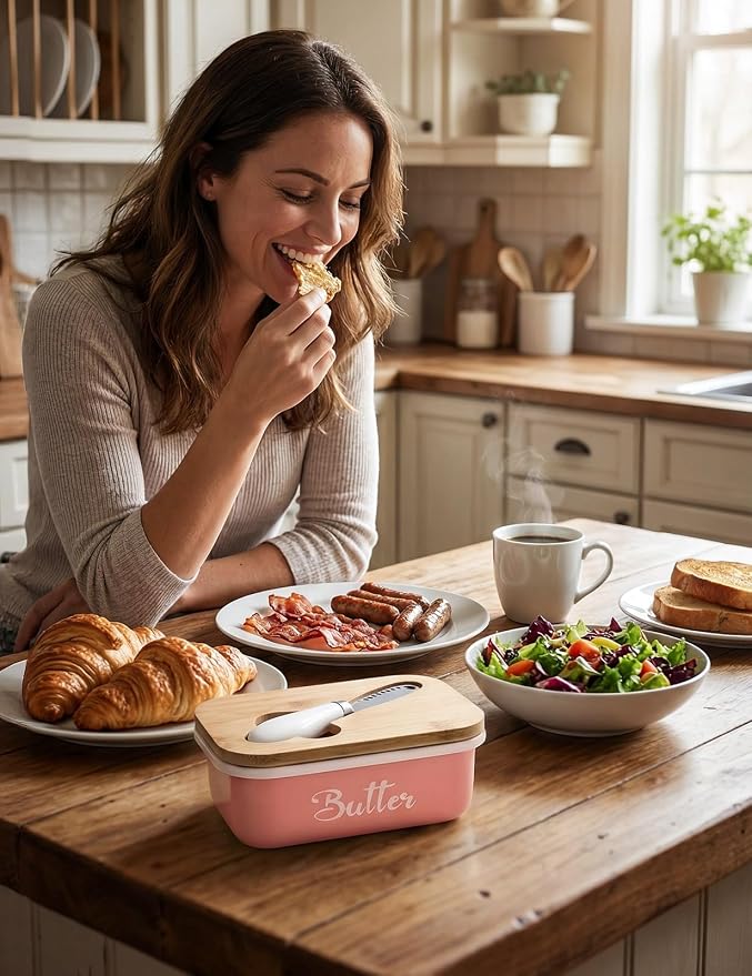 Butter Dish, Butter Dish with Lid for Countertop,Metal Butter Keeper with Stainless Steel Multipurpose Butter Knife, Large Butter Container with quality Silicone Good Kitchen Gift,Pink