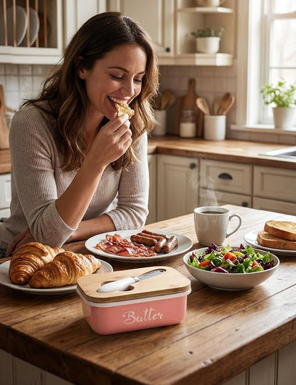 Butter Dish, Butter Dish with Lid for Countertop,Metal Butter Keeper with Stainless Steel Multipurpose Butter Knife, Large Butter Container with quality Silicone Good Kitchen Gift,Pink