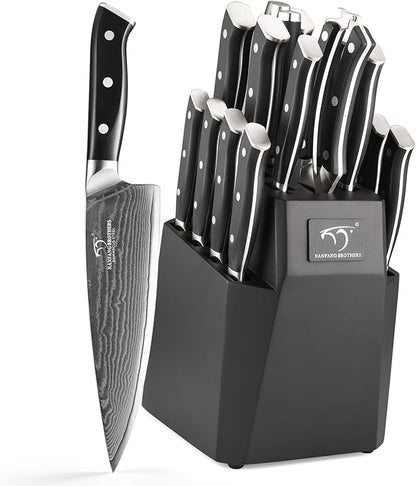 NANFANG BROTHERS 18-Piece Damascus Kitchen Knife Sets, 67-layer Japanese Damascus Steel Heat-Treated and Forged, ABS Ergonomic Handle, Ultra Sharp Chef Knife Block Set with Sharpener