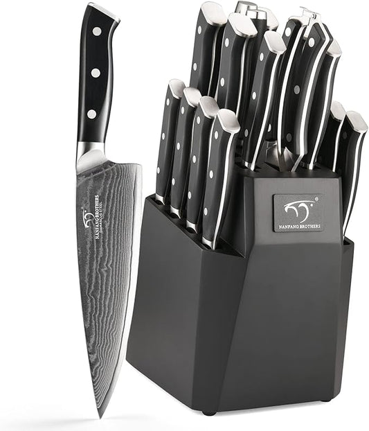 NANFANG BROTHERS 18-Piece Damascus Kitchen Knife Sets, 67-layer Japanese Damascus Steel Heat-Treated and Forged, ABS Ergonomic Handle, Ultra Sharp Chef Knife Block Set with Sharpener