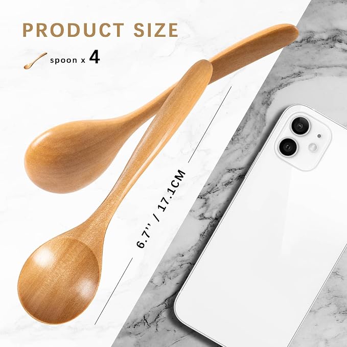 4 PCS Wooden Spoons for Honey, 6.7 inch Small Wooden Spoons - Terrific for Tea, Coffee & Soup, Little Schima Wood Serving Table Spoon Set, Bulk Bamboo Teaspoon for Eating with Unique Design
