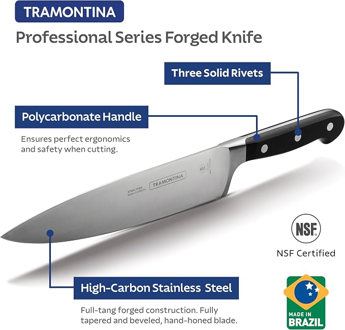 Tramontina Pro Series Forged 8-Inch Serrated Bread Knife, Stain-free High-Carbon Steel Kitchen Knives for Cooking