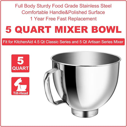 Stainless Steel Bowl for KitchenAid Classic&Artisan Series 4.5-5 QT Tilt-Head Mixer, 5 Quart 304 Stainless Steel Bowl with Handle, Dishwasher Safe