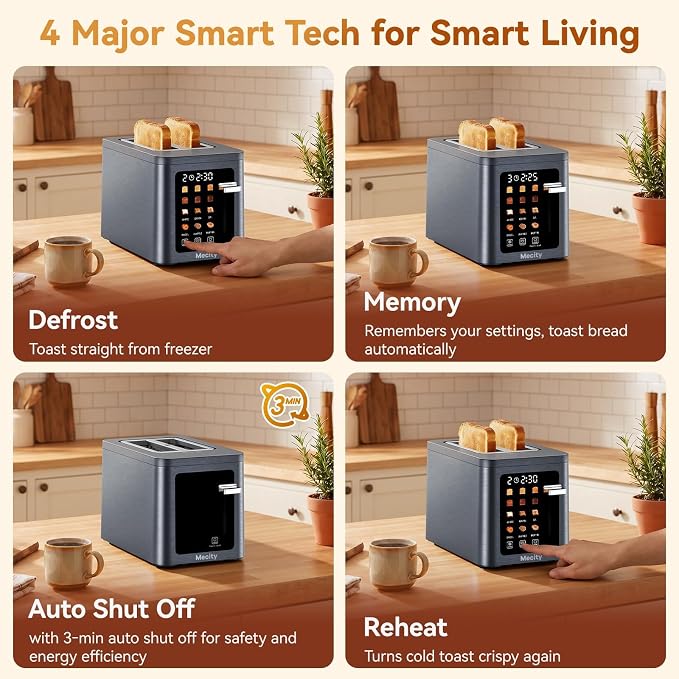 Mecity 2 Slice Toaster Smart Touchscreen, Stainless Steel Wide Slot Toasters Defrost, Reheat, Memory Function, Auto Shutoff, Digital Electric Bread Toaster for Bagel Muffin Waffle, 120V