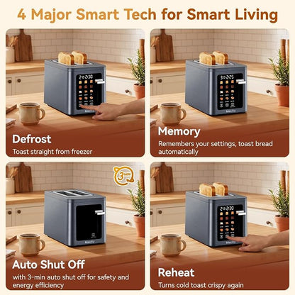 Mecity 2 Slice Toaster Smart Touchscreen, Stainless Steel Wide Slot Toasters Defrost, Reheat, Memory Function, Auto Shutoff, Digital Electric Bread Toaster for Bagel Muffin Waffle, 120V