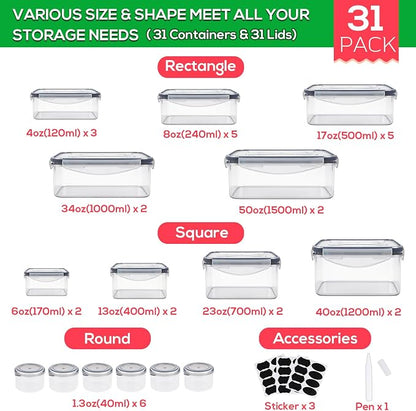 62PCS Thicker Food Storage Containers with Lids Airtight Leakproof, BPA Free Plastic Kitchen Food Storage Containers, Stackable Reusable Meal Prep Food Containers with Lids, Freezer Microwave Safe