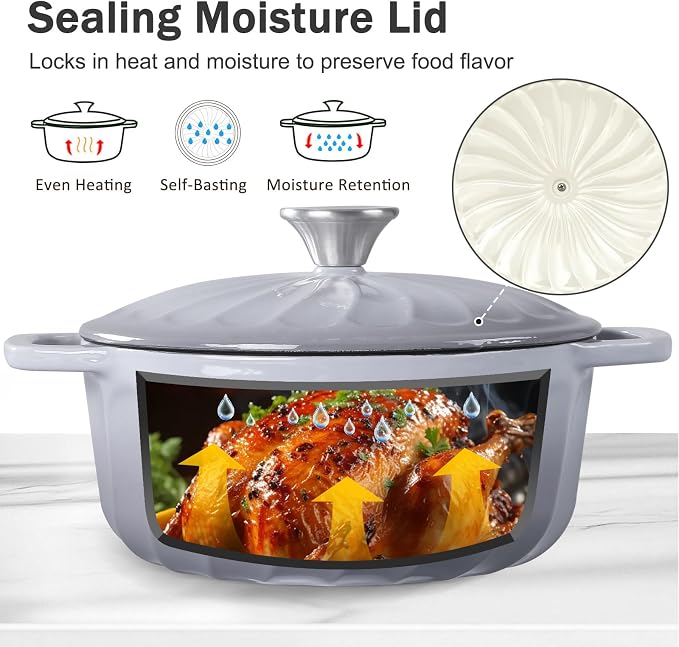 Enameled Cast Iron Dutch Oven Pot with Lid, 3 QT Dutch Oven for Bread Baking, Heavy Duty Cast Iron Pot for Braising, Cook, Bake, Oven Safe across All Cooktops (Gray,3 QT)
