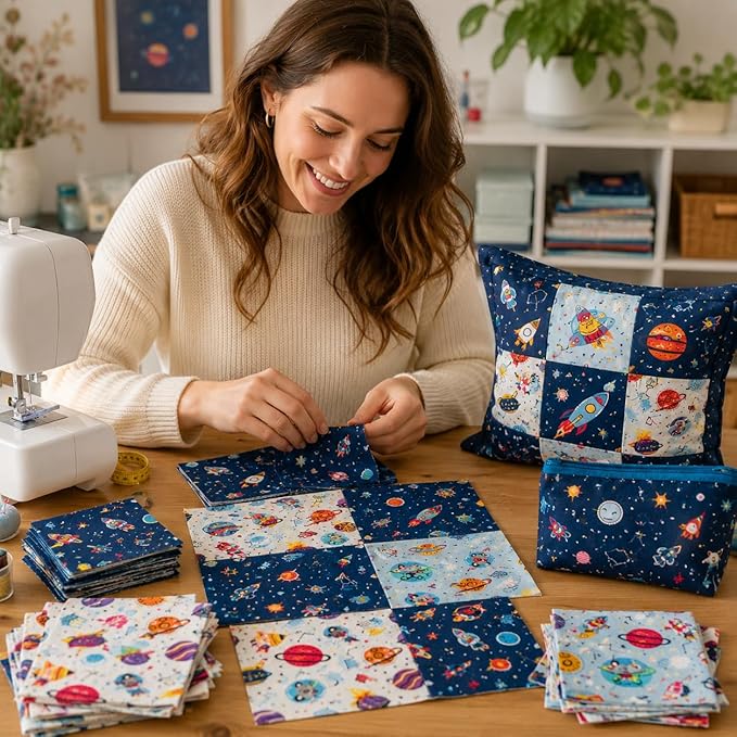 DMFR Galaxy Fabric Squares 5 x 5 Inch, 42 Pcs Cotton Charm Pack Fabric for Quilting, Space Precut Quilt Squares with Rocket Planet Prints for Baby Boy, Kids Sewing, Patchwork and DIY Crafts