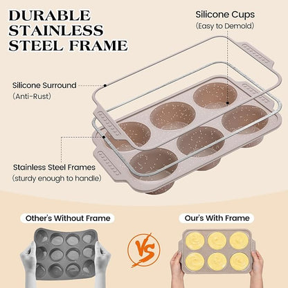2 Pcs Silicone Jumbo Muffin Pan with Metal Frame, Non Stick Silicone Egg Molds with Handles, Round Silicone Molds for Baking for Oven, BPA Free (Brown, Cream