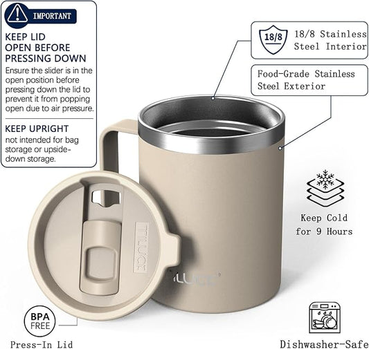 TILUCK 12 oz Insulated Coffee Mug with Lid, Double Wall Vacuum Insulated Travel Mug Cup with Handle for Hot or Cold Drinks（12oz，Matte MistyGray）
