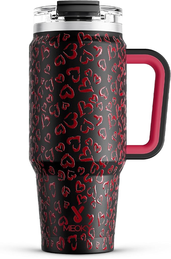 Meoky 32 oz Tumbler with Handle, Insulated Tumbler with Lid and Straw, Stainless Steel Travel Mug, Keeps Cold for 24 Hours, 100% Leak Proof, Fits in Car Cup Holder (Heart)