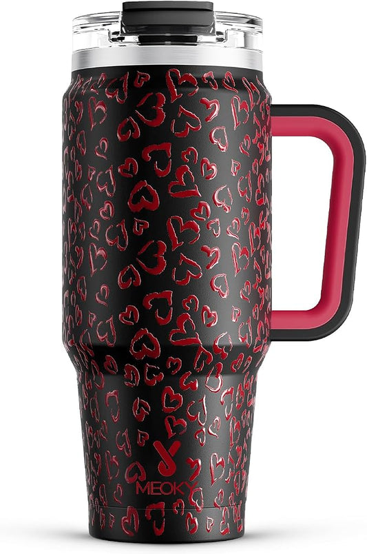 Meoky 32 oz Tumbler with Handle, Insulated Tumbler with Lid and Straw, Stainless Steel Travel Mug, Keeps Cold for 24 Hours, 100% Leak Proof, Fits in Car Cup Holder (Heart)