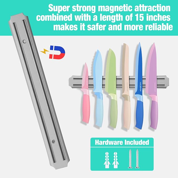 HAUSHOF Kitchen Knife Set with Magnetic Knife Strip for Wall, 6-Piece Colorful Knives Set for Kitchen, Non-Stick Coated Stainless Steel Blades for Slicing, Dicing, Magnetic Knife Holder for Storage