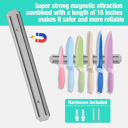HAUSHOF Kitchen Knife Set with Magnetic Knife Strip for Wall, 6-Piece Colorful Knives Set for Kitchen, Non-Stick Coated Stainless Steel Blades for Slicing, Dicing, Magnetic Knife Holder for Storage