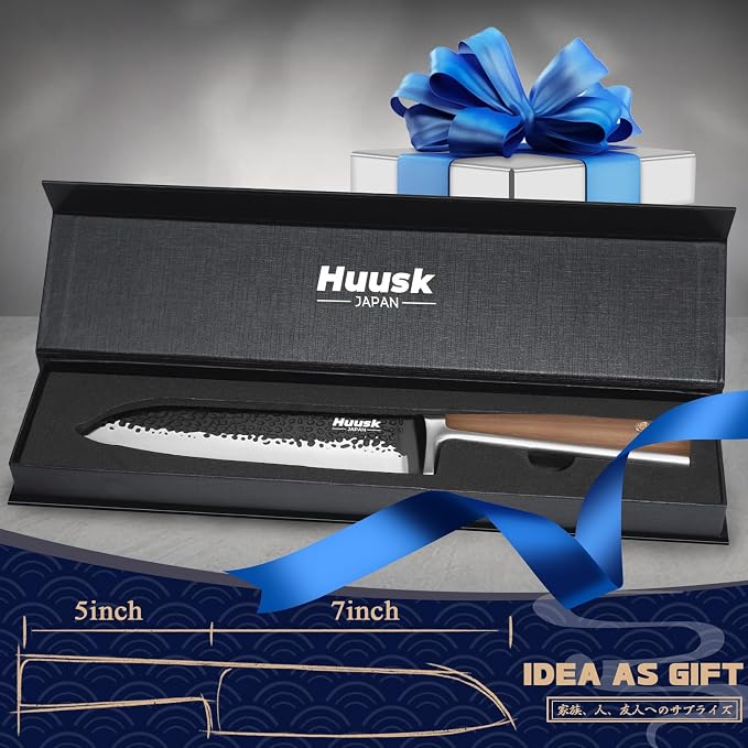 Huusk Santoku Knife 7 Inch Japanese Kitchen Knife Hand Forged Chopping Knives Razor Sharp Chef Knife for Vegetables Meat Home Cooking with Premium Present Box for Dad Mom
