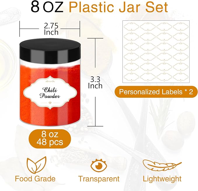 PeacePeo 8 OZ Plastic Jars with Lids, Slime Containers with Lids 48 Pcs Airtight Round Plastic Storage Jars Wide-Mouth Containers for Slime, Kitchen and Household Food Storage of Dry Goods