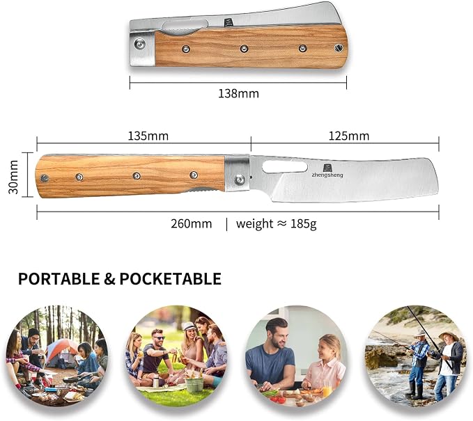 ZhengSheng Folding Chef Knife with Nylon Pouch 4.8” Ultra Sharp 440A Stainless Steel Blade Natural Olive Handle Pocket Foldable Japanese Style Kitchen Knife for Outdoor Camping BBQ trip Cooking.