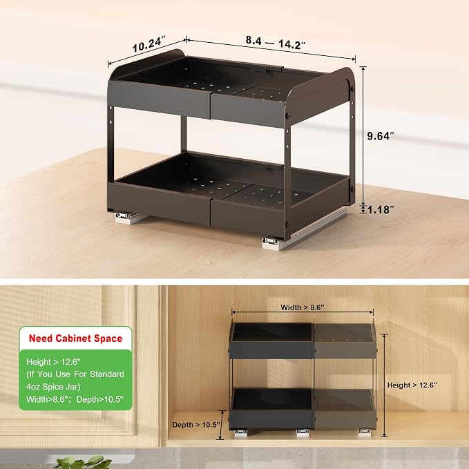 Across-Star Expandable Pull Out Drawers For Shallow Cabinets, 2-Tier Slide Out No Drill Adhesive Kitchen Cabinet Organzier, Adjustable Roll Out Sliding Shelf For Short Upper Cabinet Pantry