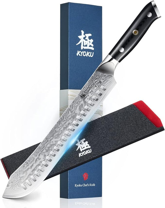 KYOKU 10″ Damascus Butcher Knife for Meat Cutting,UPGRADED Breaking Knife with Silver PVD Coating for Professional Home Chefs,Sharp Bullnose Japanese Style VG10 Steel Meat Carving Knife for Kitchen