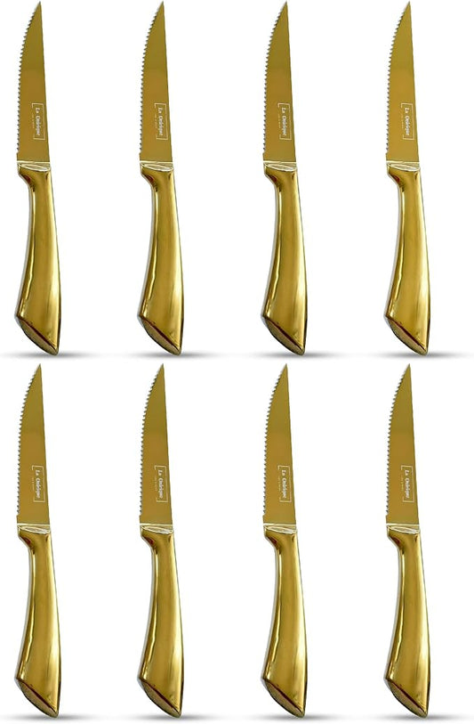8-Piece Gold Steak Knife Set, Mirror Polished 5Cr15 Stainless Steel Steak Knives, Serrated Blades, Luxury Gold Table Knives for Dining & Kitchen