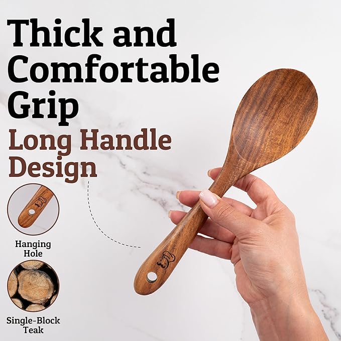 PriorityChef Premium Teak Wooden Spoon for Cooking - Wood Kitchen Utensil - Best Wooden Spoons for Cooking, Mixing, Baking and Serving - Large Wood Spoon for Nonstick Cookware