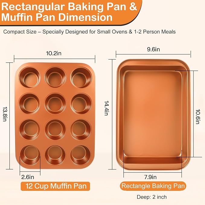 Baking Pans Set 6-Pieces, Non Stick Bakeware Set Stackable, with Cookie Sheet, Muffin, Round/Square Cake Pan, Loaf Pan, Rack, Oven Mitt for Home Baker, Gold